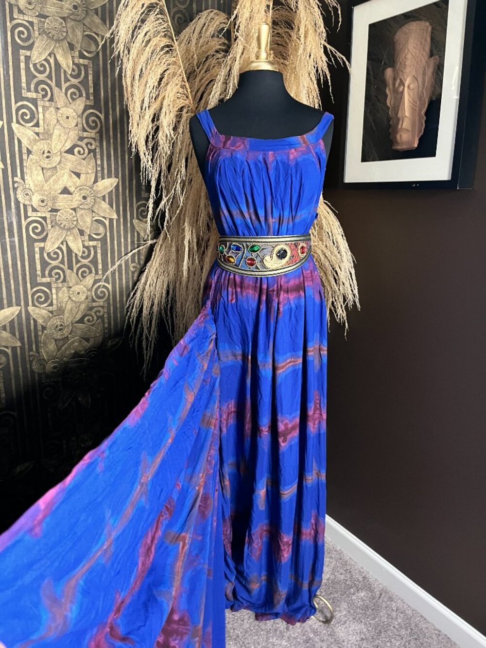 bohemian-tie-dye train vibr blue purple pattern fabric maxi dress - Picture 4 of 5